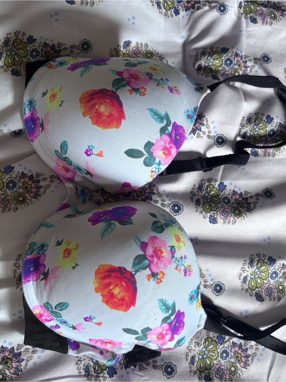 PINK Victoria's Secret Floral Padded Bra in Light Blue with Black Straps